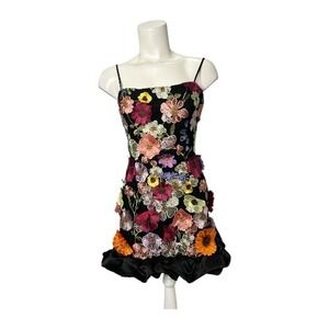 AEL AmyEnjoyLife Black Floral Embroidered  Mini Dress Satin Ruffle Hem‎ Sz Large